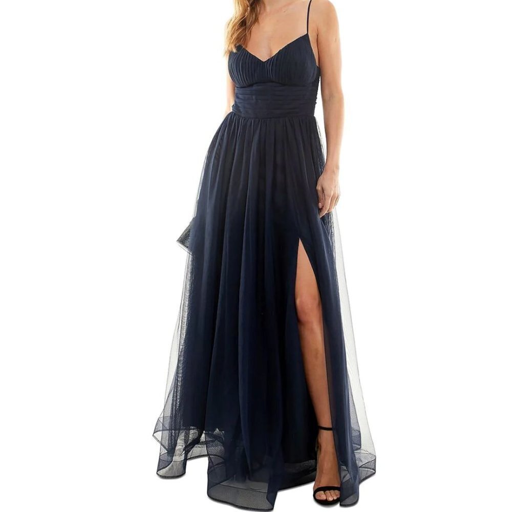 Speechless Sleeveless Mesh Padded Bust Evening Gown - Navy Blue - size 9 - Picture 12 of 12